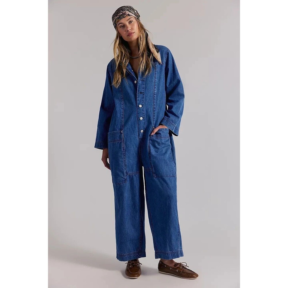 Free People We The Free Margarita Jumpsuit Utility Rigid Denim Wide Leg S 288857